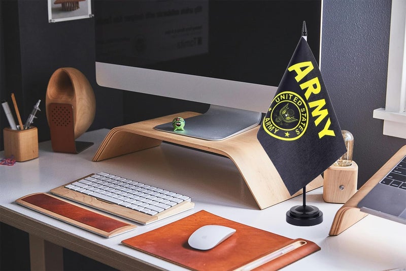 WXTWK 2 Pack USA Gold Crest Flag Gold Crest Deluxe Desk Flag Set - Mini Small US Military Table Office Flags with Black 12" Solid Pole Stand Base July 4th Veteran Party Memorial Day Decorations - Image 5